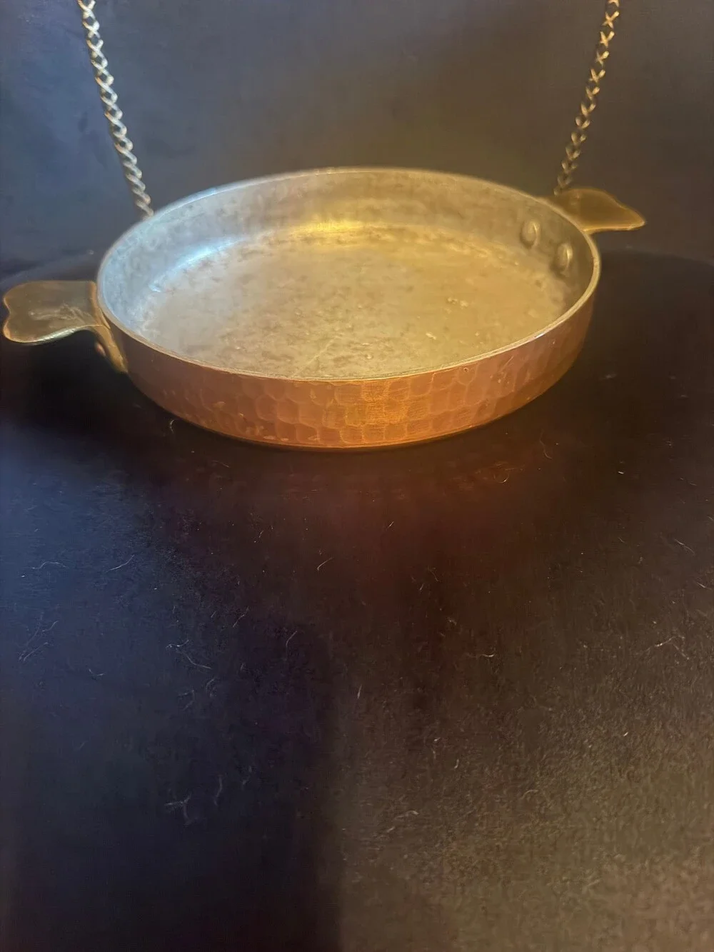 Vintage Hammered Copper quiche or pie Pan Tin Lined Brass Handles